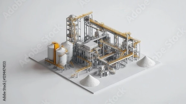 Obraz Industrial Facility Model for Manufacturing and Processing with Silos and Conveyors in 3D
