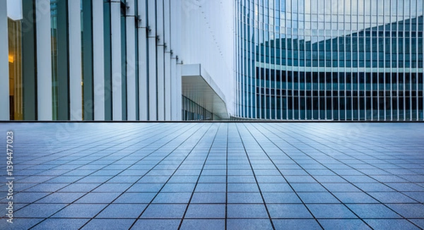 Obraz Empty square floors and glass wall with modern buildings in city landscape