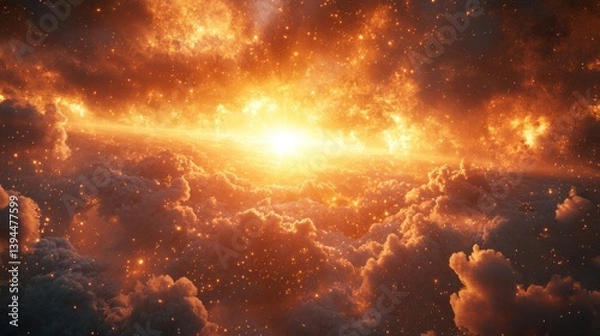 Fototapeta A breathtaking cosmic scene showcasing a radiant sun emerging from vibrant clouds, surrounded by glowing particles and an expansive universe.