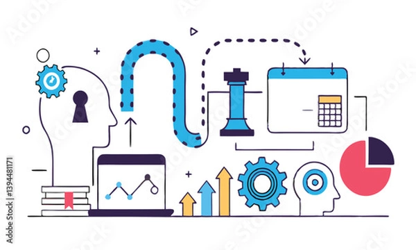 Fototapeta depicting a brain and a gear  Data Analytics Concept – Line Art Illustration of Machine Learning, Human Brain with Gears, Business Intelligence, and Digital Transformation Elements.