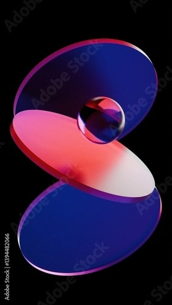Fototapeta 3d glass sculpture with red and blue light reflection Transparent glossy glass, Colorful curve glass with dispersion. geometry abstract background.