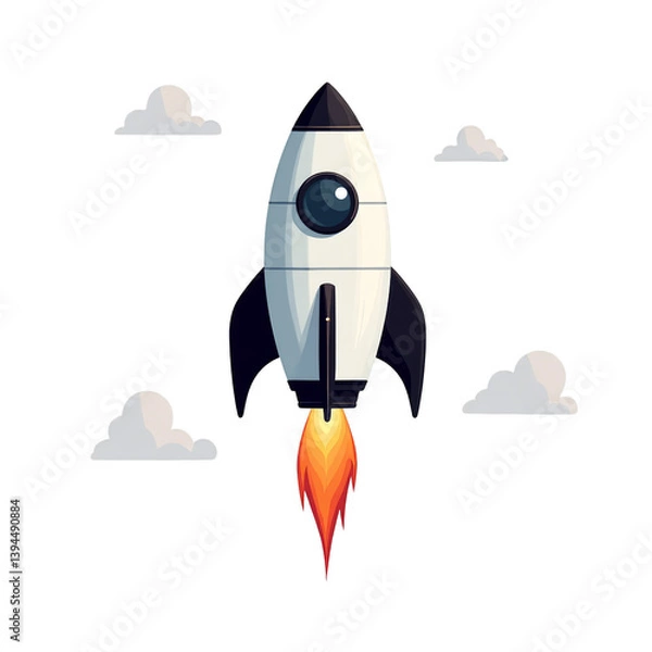 Fototapeta Illustration of white rocket with black accents, round window launching into sky, surrounded by fluffy clouds, flames, smoke, isolated on white background. Space-themed projects, educational materials