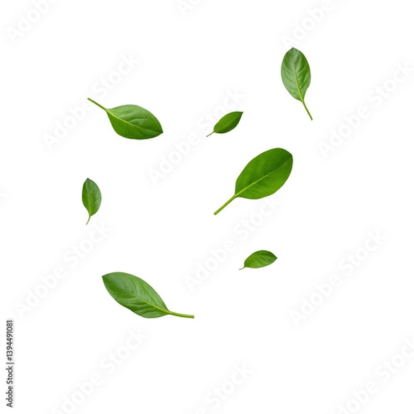 Fototapeta Illustration of fresh spinach leaves, scattered across a transparent background. Food packaging, healthy living concepts, and organic product branding.