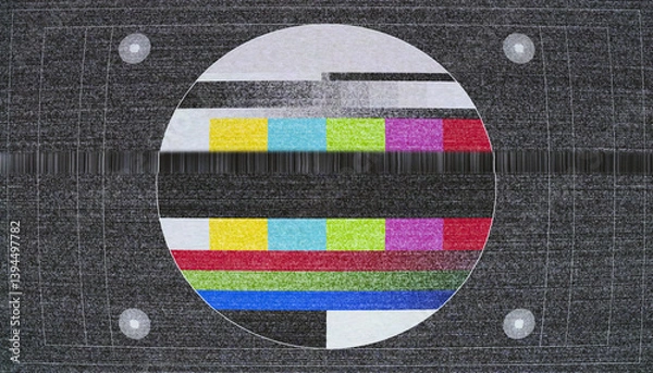 Fototapeta Illustation of an analog test image with interference. VHS recording of an old retro vintage TV.
