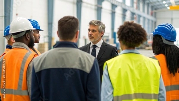 Fototapeta Diverse group of factory engineers having morning briefing with manager in industrial warehouse professional teamwork