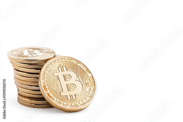 Fototapeta Stack of gold coins with Bitcoin symbol, representing digital currency and investment opportunities