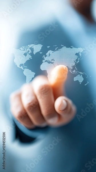 Fototapeta A hand is touching a digital world map, symbolizing interaction with technology and global connectivity.