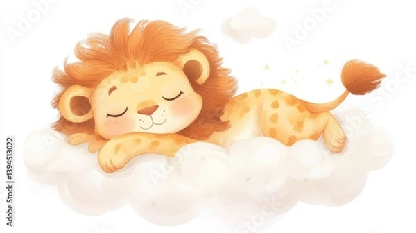 Fototapeta A charming stock image featuring a cartoon lion sleeping peacefully on a cloud. The image conveys a sense of tranquility, innocence, and the sweetness of dreams.