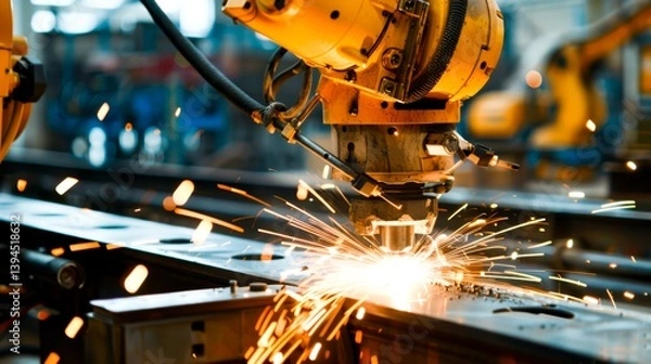 Fototapeta Closeup a yellow arm robot welding metal pipe part in the industry factory.
