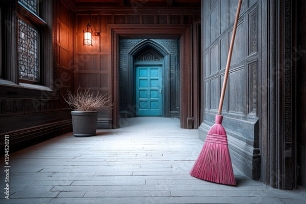 Fototapeta A cursed cleaning brush sweeping by itself in an abandoned castle