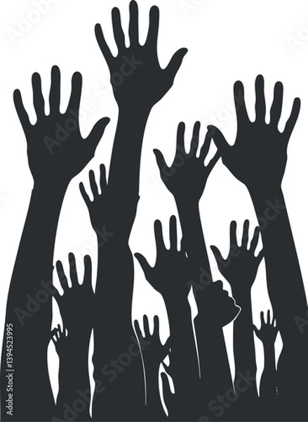 Fototapeta Silhouette of multiple raised hands symbolizing unity, support, and collective participation.