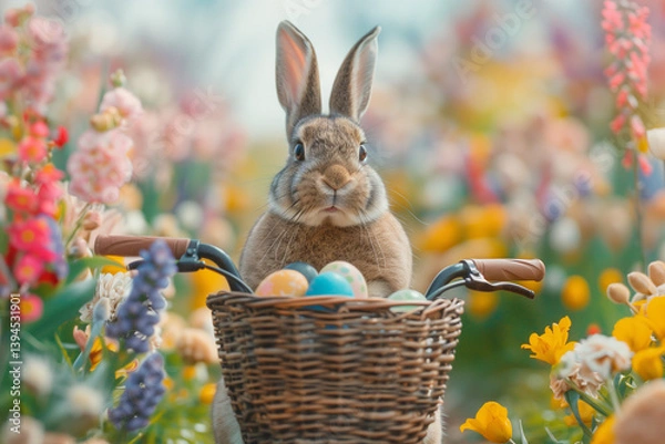 Fototapeta Whimsical Easter Bunny cycling through pastel countryside with a basket of colorful eggs and spring joy. easter bunny in a basket with eggs