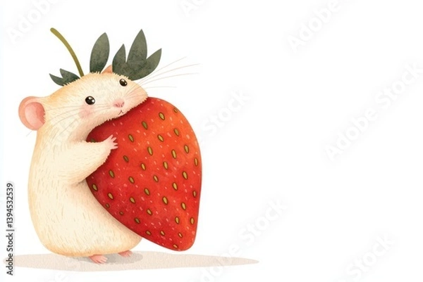 Obraz Cute hamster with strawberry in watercolor style whimsical art playful environment charming viewpoint