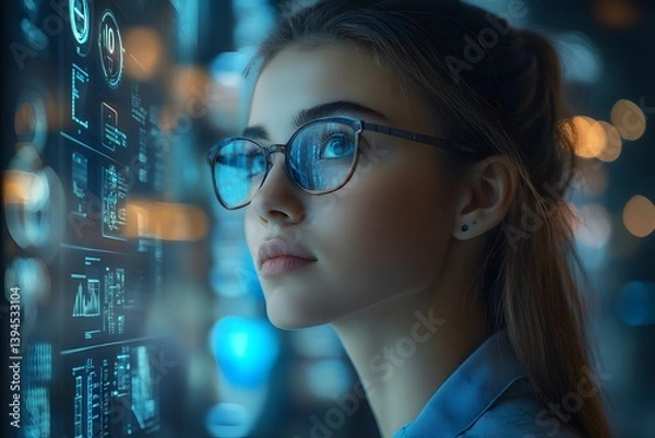Fototapeta Young Woman Analyzing Futuristic Digital Interface, Technology and Innovation Concept