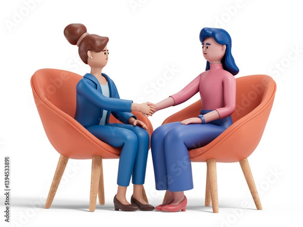 Obraz Two 3D women shake hands, symbolizing mutual respect and agreement. 3D rendering, conceptual image. Isolated on white background.