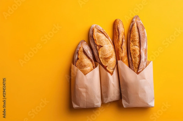 Obraz Baguettes with copy space, loaves of bread, on a yellow background