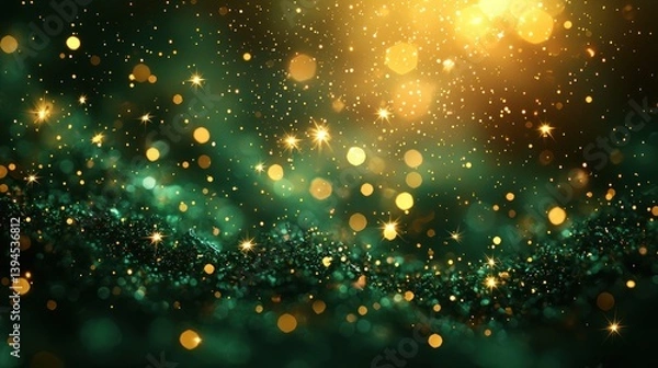 Fototapeta Abstract festive background with emerald green and gold glitter, bokeh, and sparkle.