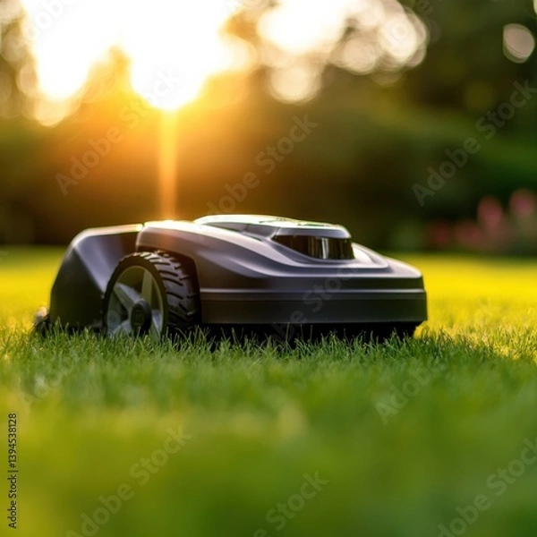 Fototapeta Automated lawn mower in grass