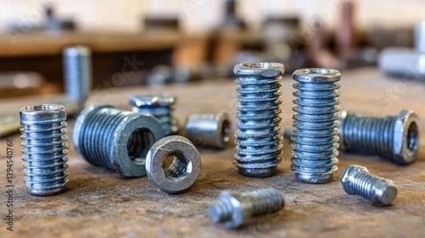 Fototapeta A screwdriver securing a screw into a steel metal plate, accompanied by a spanner, bolt, screw, and nuts