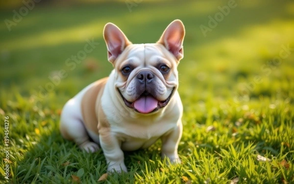 Fototapeta A cheerful dog sitting on green grass, showcasing its playful personality and distinctive features