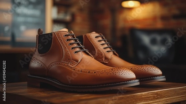 Fototapeta Various men's fashion shoes, such as boots, presented in a still-life display