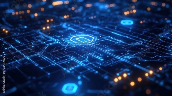 Fototapeta A vibrant digital network landscape featuring glowing blue lines and nodes, representing technology and connectivity.