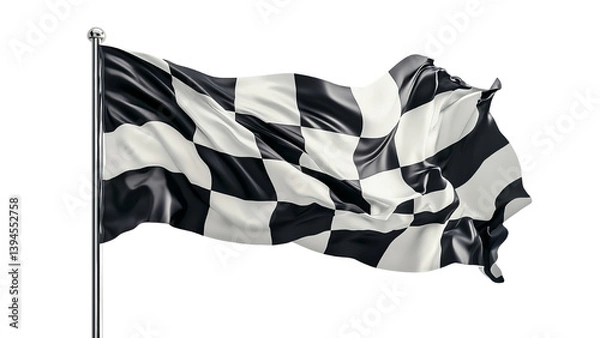 Obraz Png of A waving black and white checkered flag, symbolizing the finish line in racing events, showcasing dynamic motion.