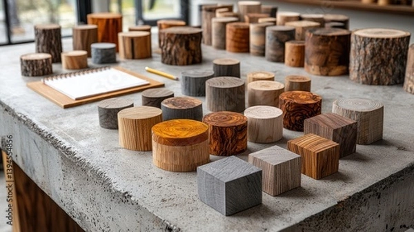 Obraz Assorted wood samples on concrete table.