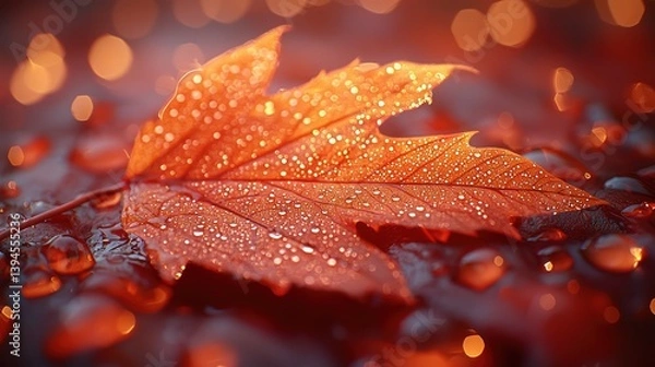 Obraz Autumn leaf with dew drops, vibrant orange-red color, illuminated by warm light.