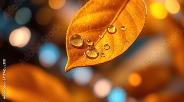 Obraz Autumn leaf with water droplets, bokeh background.