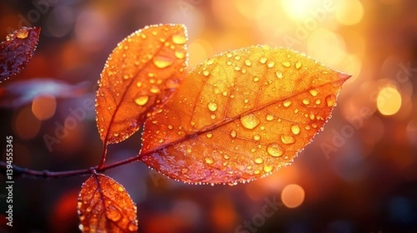 Obraz Autumn leaves with dew drops, bathed in warm sunlight.