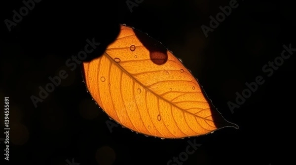 Obraz Backlit leaf with water droplets, dark background.