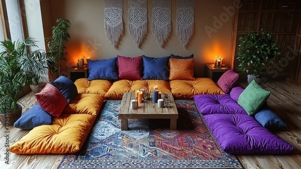 Obraz Bohemian living room with colorful floor seating, macrame wall hangings, and candles.