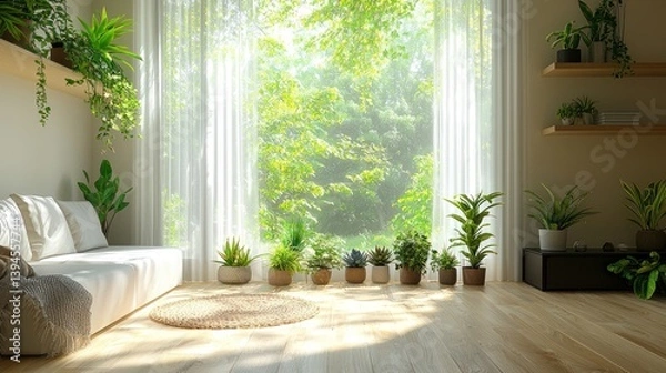 Obraz Bright, minimalist living room with large window, plants, and sunlight.