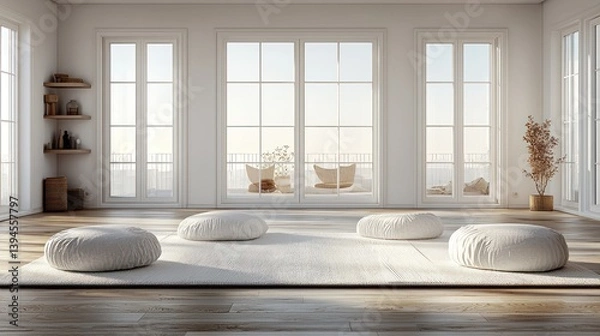 Obraz Bright, modern, minimalist meditation room with large windows overlooking a serene outdoor space.  White padded floor cushions are arranged on a light beige area rug. Sunlight streams into the room.