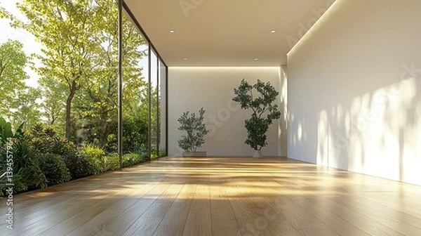 Obraz Bright, spacious, modern interior with large windows showcasing a lush garden. Sunlight streams through the glass, casting shadows on the light-colored walls and wooden floors.