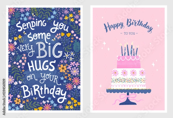 Obraz Set of birthday postcards with cake, flowers and hand writing. Invitations, happy birthday. Vector templates great for card, poster, flyer or banner