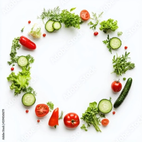 Obraz Frame made of fresh vegetables and herbs on white background, top view