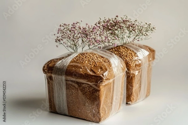 Fototapeta Two wrapped loaves of bread with delicate floral sprigs atop them