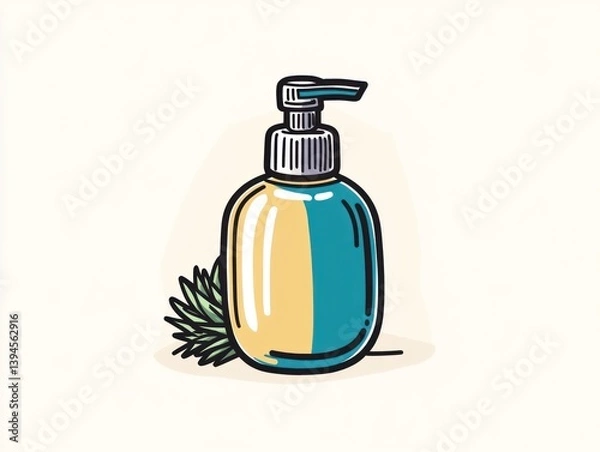 Fototapeta A pump bottle of soap or lotion sits beside a sprig of greenery