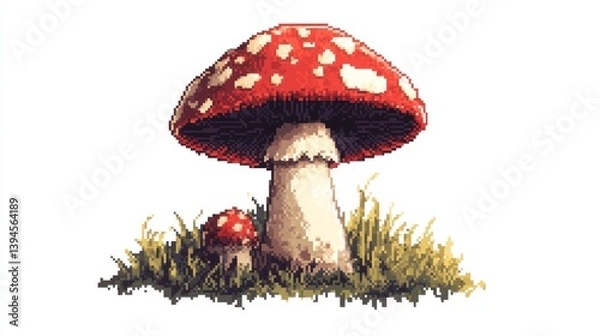 Fototapeta Pixel art of a red toadstool with a smaller mushroom
