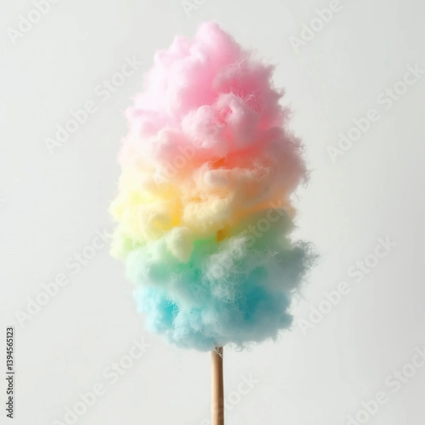Obraz Colorful cotton candy on stick with pink, blue and yellow hues against an isolated white background highlighting its texture and fluffy appearance