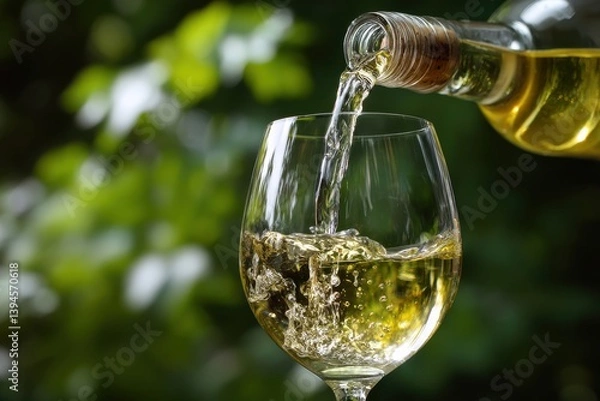 Fototapeta An artistic image of white wine cascading into a glass, showcasing the beauty of fluid motion and light reflections.