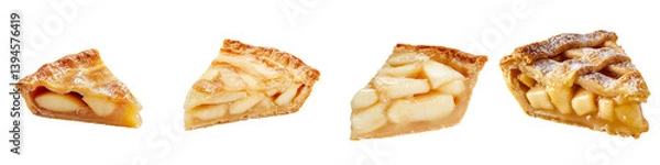 Fototapeta Different slices of apple pie arranged in a minimalist isolated mockup showcasing various stages of cut desserts