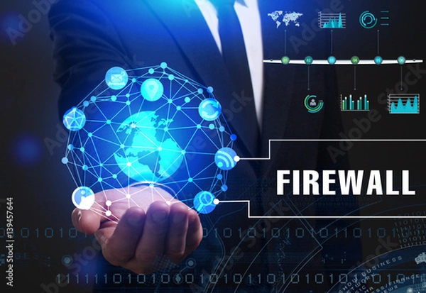 Fototapeta Business, Technology, Internet and network concept. Young businessman working on a virtual screen of the future and sees the inscription: Firewall