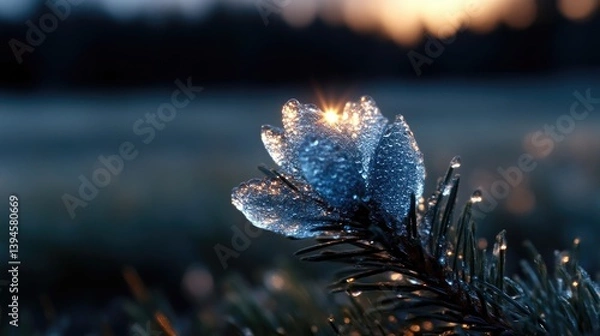 Fototapeta Frozen flower at dawn.  Dew-kissed petals, illuminated by the sunrise, create a captivating, ethereal scene
