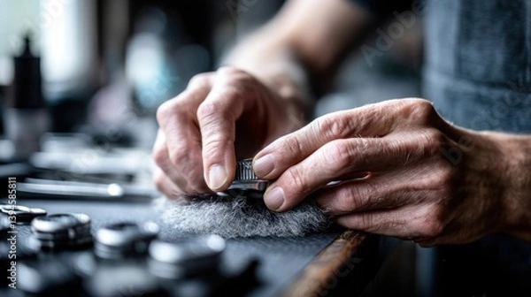 Obraz A skilled artisan uses polishing tools to restore a metal item, showcasing craftsmanship in detail.