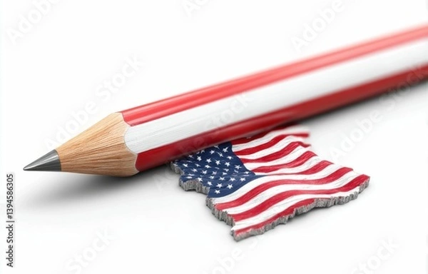 Fototapeta A pencil, representing education, placed on a map in the shape of the American flag.