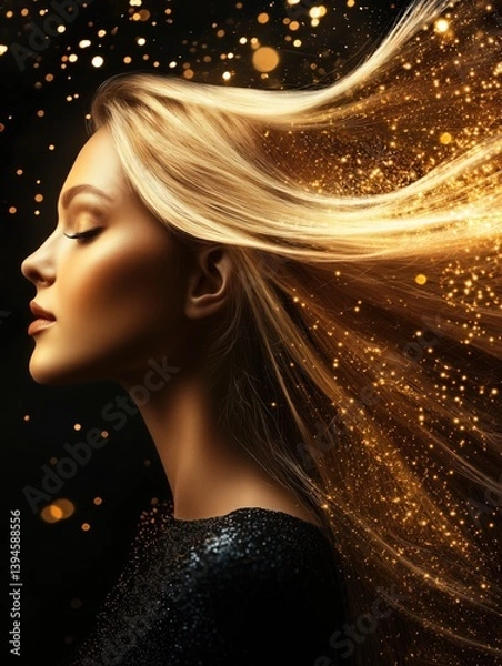 Obraz Beautiful woman with long, flowing blond hair, with golden glitter floating around her. Black background.