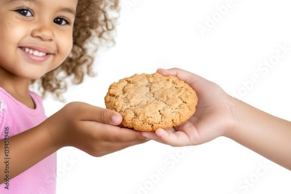 Fototapeta Little girl offering a cookie to a friend, kind and caring, isolated on white